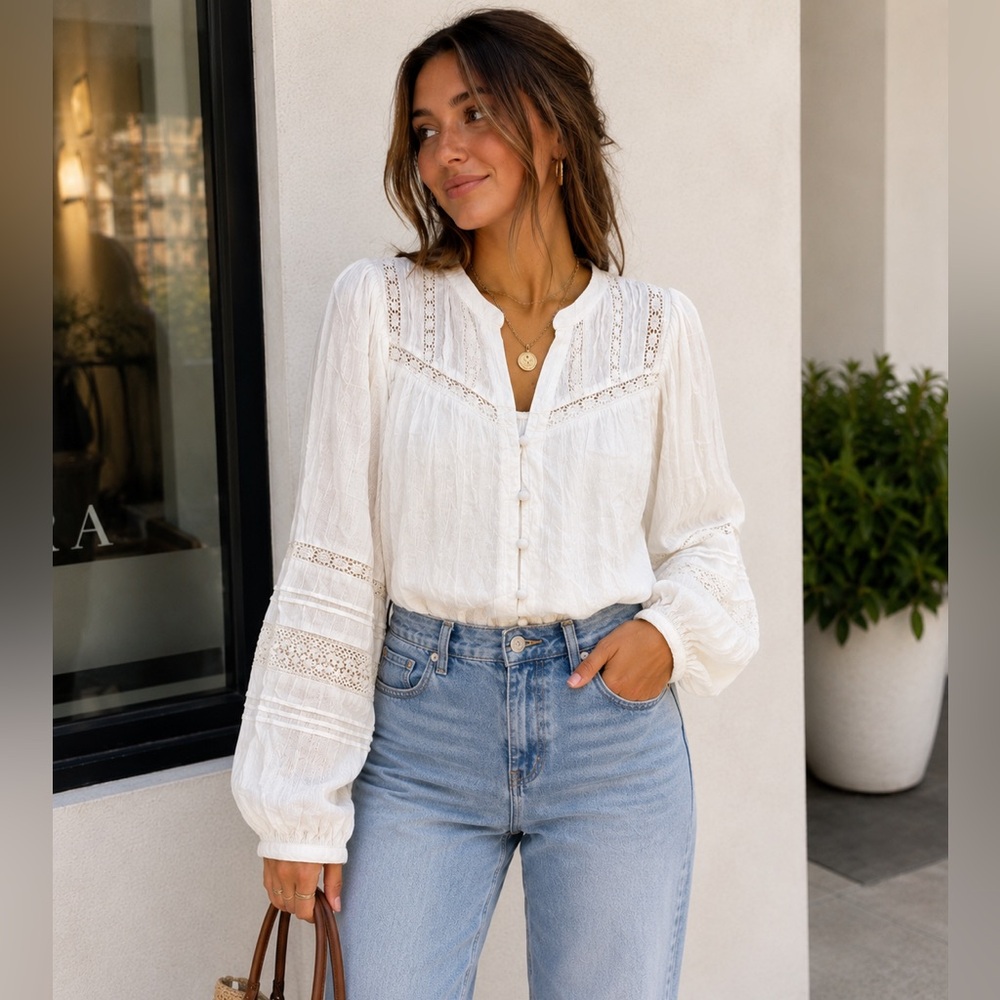 Z Supply | Ivory Boho Lace Blouse- Size XS | Embroidered Peasant Top